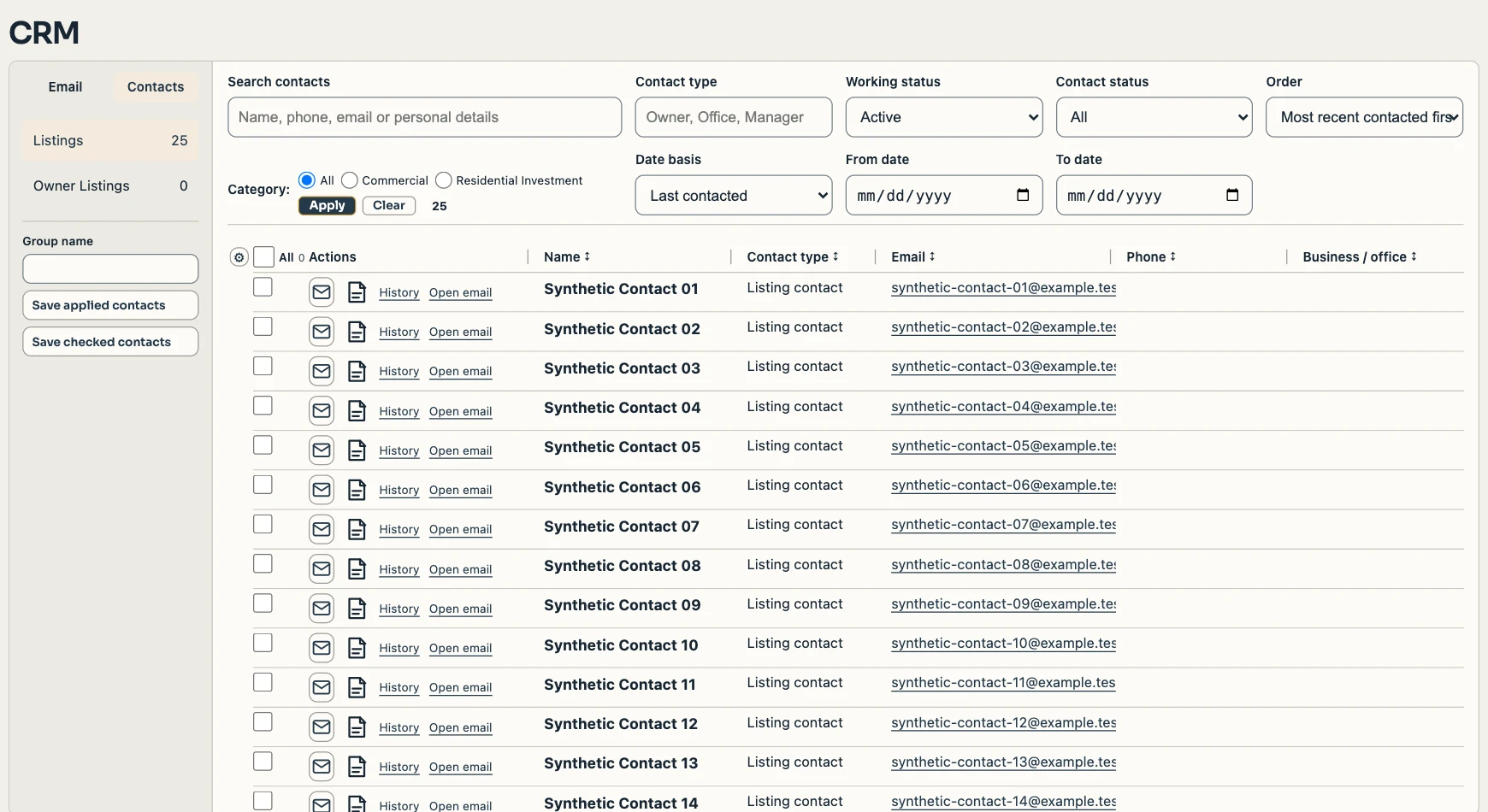 Synthetic demo data shown in the AutoMLS contacts workspace
