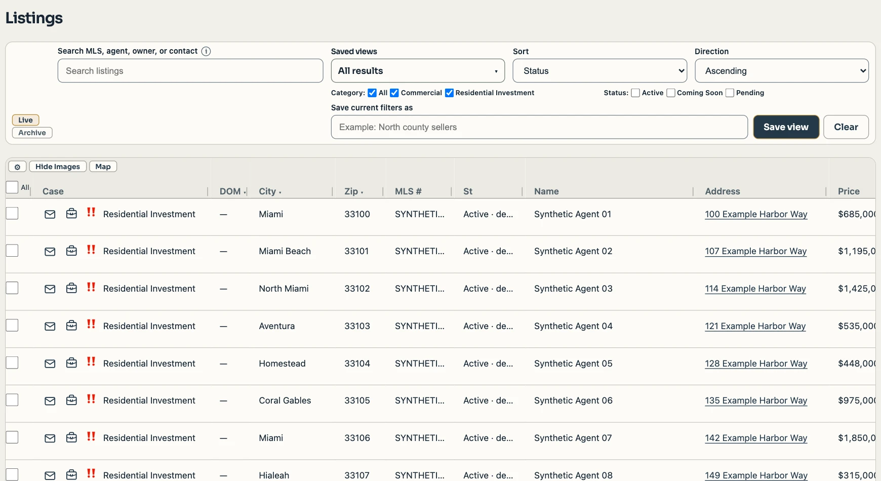 Synthetic demo data shown in the AutoMLS listings workspace